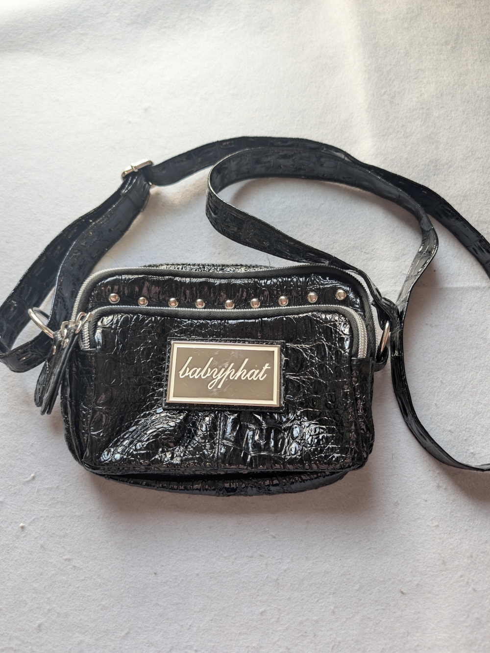 Vintage Y2K Baby Phat Black Croc Embossed Mini Crossbody Bag Studded